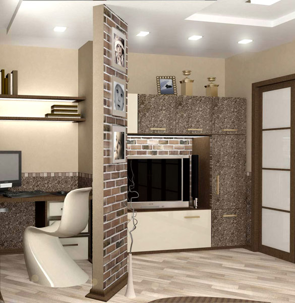 Дизайн трех комнатной квартиры - гостиная с рабочим кабинетом