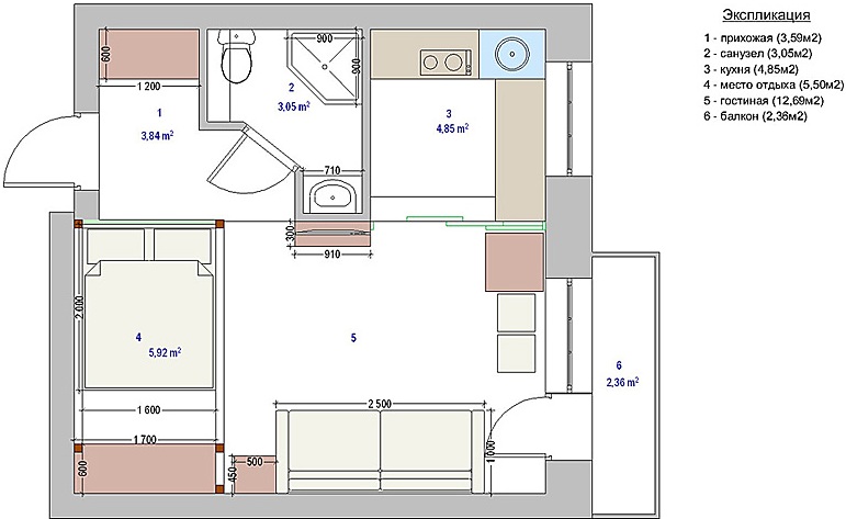 дизайнерская планировка для однокомнатной квартиры